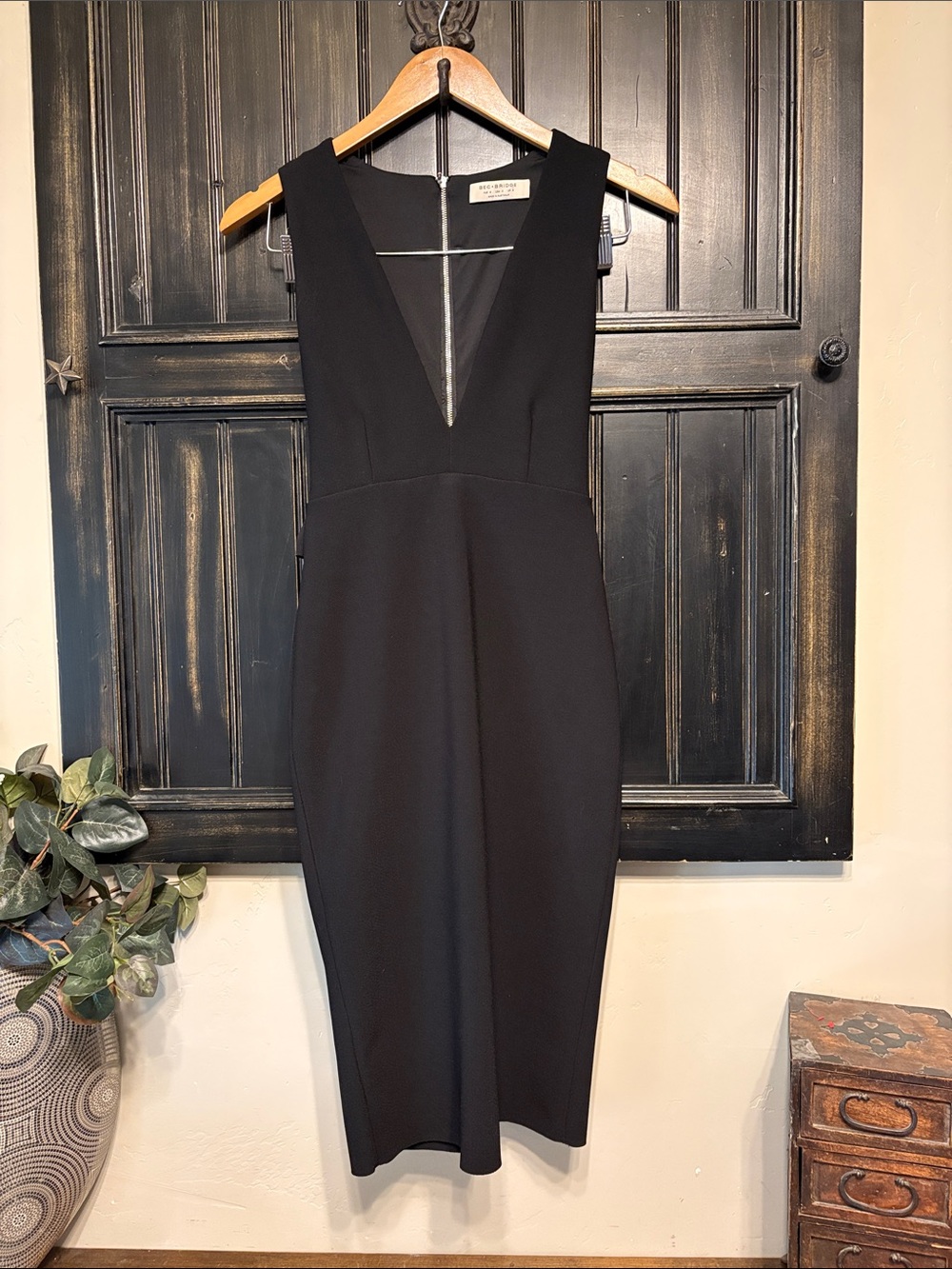 bec + bridge Black Deep V Midi Dress